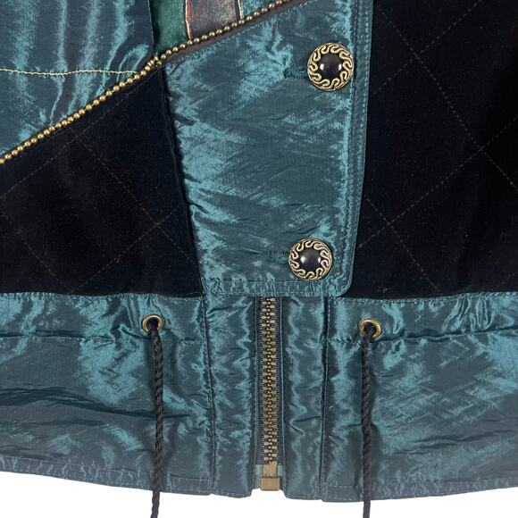 Vintage 90s Velvet Abstract Jacket XL | Teal Green Quilted Art Deco Statement - Picture 12 of 14